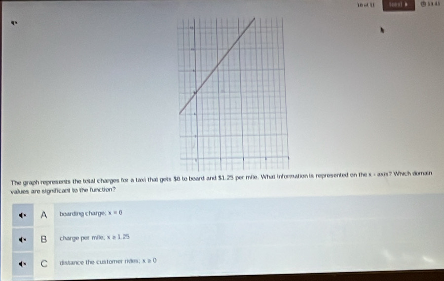10 .(1) exl D 3 1 3 4 1
The graph represents the total charges for a taxi that gets $6 to board and $1.25 per mile. What information is represented on the x - axis? Which domain
values are significant to the function?
A boarding charge. x=6
B charge per mile. x≥ 1.25
C distance the customer rides; x≥ 0