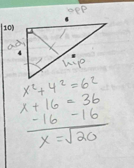 eep
x^2+4^2=6^2
x+16=36