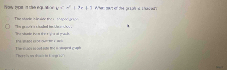 Now type in the equation y . What part of the graph is shaded?
The shade is inside the u -shaped graph.
The graph is shaded inside and out
The shade is to the right of y-axis
The shade is below the x-axis
The shade is outside the u-shaped graph
There is no shade in the graph
Nenct