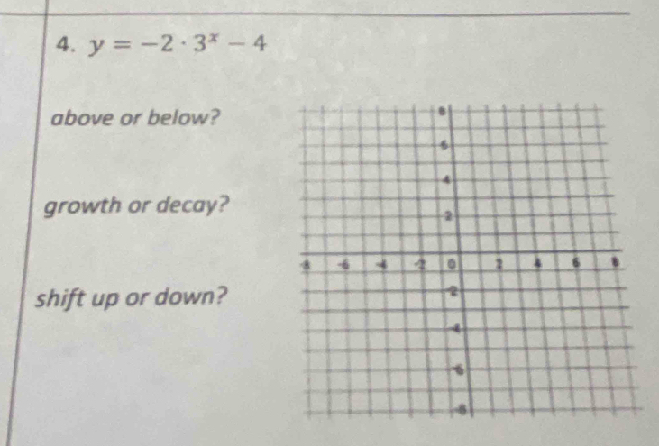 y=-2· 3^x-4
above or below?
growth or decay?
shift up or down?