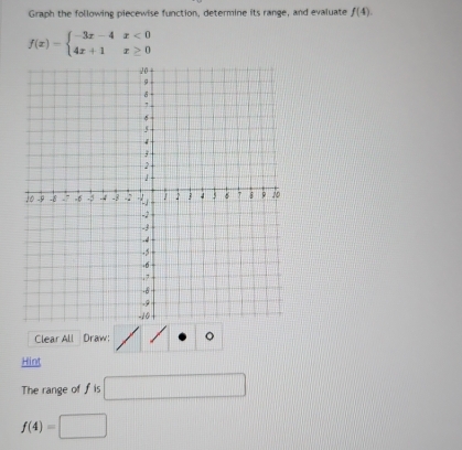 Graph the following piecewise function, determine its range, and evaluate f(4).
f(x)=beginarrayl -3x-4x<0 4x+1x≥ 0endarray.
Clear All Draw: 
Hint 
The range of fis □
f(4)=□