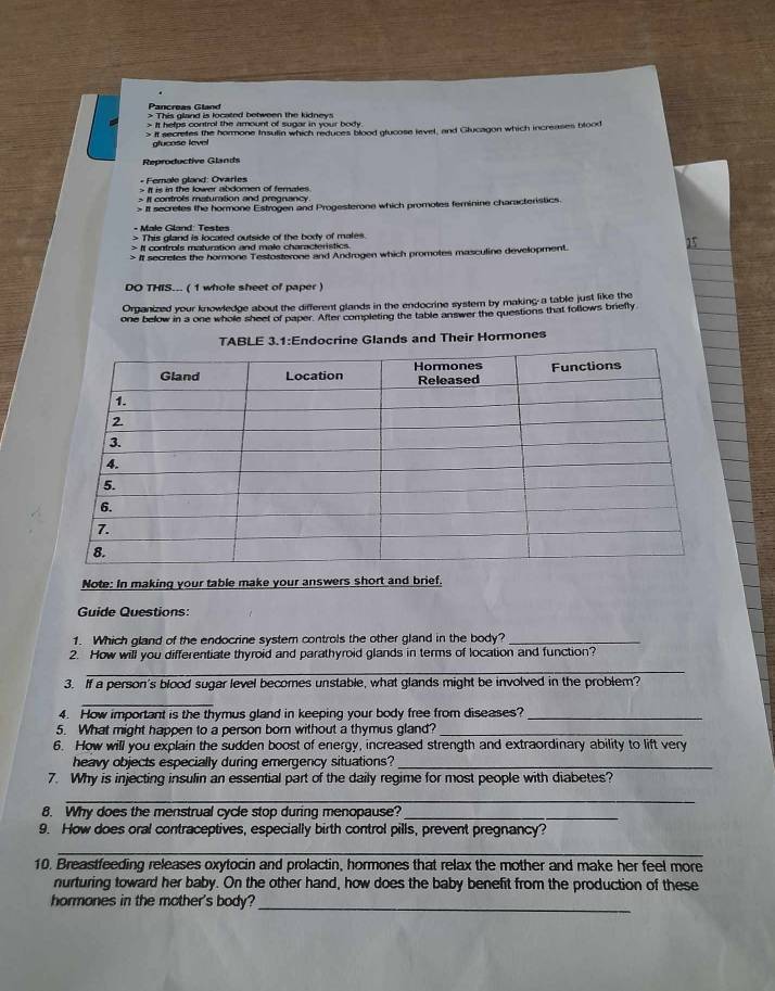 Pancreas Gland 
> This gland is located between the kidneys 
> It helps control the amount of sugar in your body. 
> If secretes the hormone Insulin which reduces blood glucose level, and Glucagon which increases blood 
glucase level 
Reproductive Glands 
- Female gland: Ovaries > It is in the lower abdomen of females . 
> It controls maturation and pregrancy 
> It secretes the hormone Estrogen and Progesterone which promotes feminine characteristics. 
le Gland: Tes t e 
> This gland is located outside of the body of males. 
> It controls maturation and male characteristics. 35 
> It secretes the hormone Testosterone and Androgen which promotes masculine development. 
DO THIS... ( 1 whole sheet of paper ) 
Organized your knowledge about the different glands in the endocrine system by making- a table just like the 
one below in a one whole sheel of paper. After completing the table answer the questions that follows briefly 
TABLE 3.1:Endocrine Glands and Their Hormones 
Note: In making your table make your answers short and brief. 
Guide Questions: 
1. Which gland of the endocrine system controls the other gland in the body?_ 
2. How will you differentiate thyroid and parathyroid glands in terms of location and function? 
_ 
3. If a person's blood sugar level becomes unstable, what glands might be involved in the problem? 
_ 
4. How important is the thymus gland in keeping your body free from diseases?_ 
5. What might happen to a person born without a thymus gland?_ 
6. How will you explain the sudden boost of energy, increased strength and extraordinary ability to lift very 
heavy objects especially during emergency situations?_ 
7. Why is injecting insulin an essential part of the daily regime for most people with diabetes? 
_ 
8. Why does the menstrual cycle stop during menopause?_ 
9. How does oral contraceptives, especially birth control pills, prevent pregnancy? 
_ 
10. Breastfeeding releases oxytocin and prolactin, hormones that relax the mother and make her feel more 
nurturing toward her baby. On the other hand, how does the baby benefit from the production of these 
hormones in the mother's body?_
