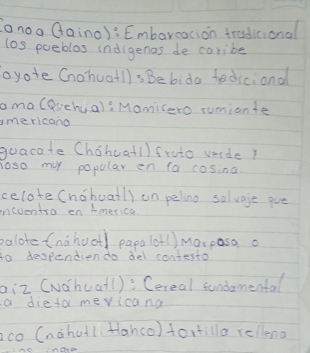 (anoa Gaino): Embarcocion trudicional 
los poeblos indigenas de caribe 
oyote Cnohuat1): Bebido todicional 
ama (euehua)? Mamicero rumiante 
mericano 
guacate Chohcat1) froto verde r 
oso my popular en (a cosing. 
celote (nahuatl) on pelino salvaje gue 
encventra en America. 
palote (nahuot) papalo1) marposa o 
ta despendiendo del contexto 
aiz (Náhuat1): Cereal fondomental 
a dietor mericana 
co (náhullHanco)tortilla rellend