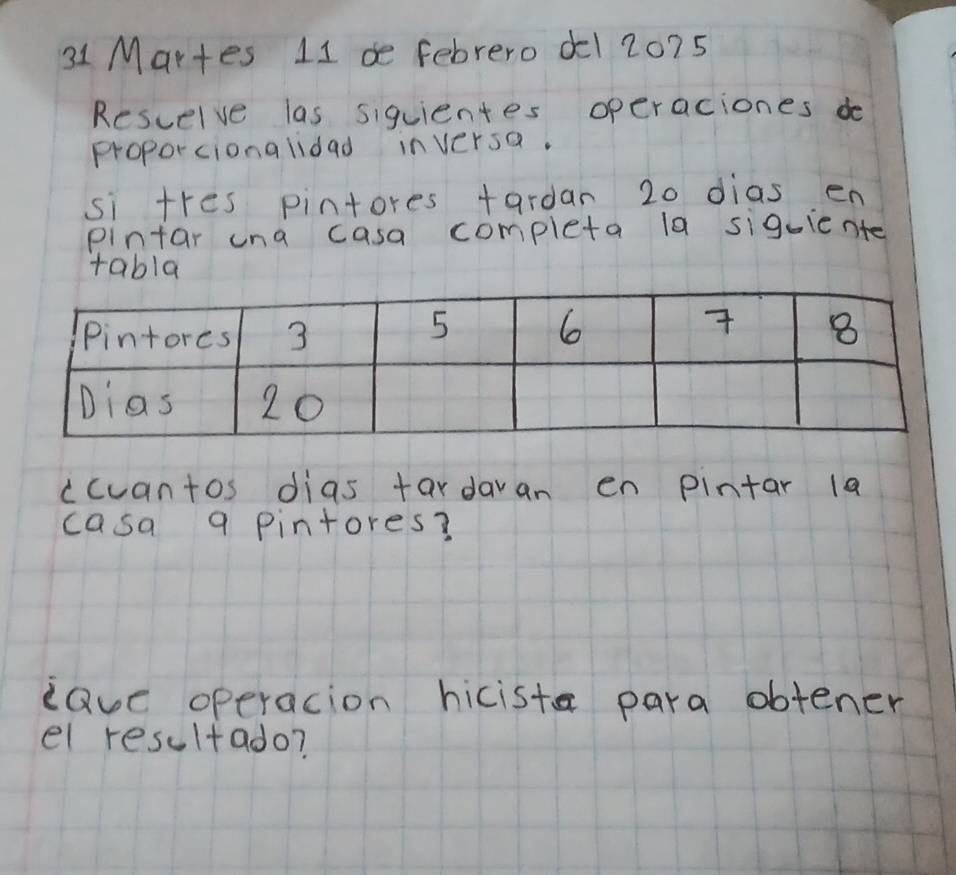 Martes 11 de febrero dl 2075 
Rescelve las siquientes operaciones do 
proporcionalidad inversa. 
si tres pintores +ardar 20 dias en 
pintar ina casa completa la siguiente 
tabla 
ccuantos dias tardaran en pintar la 
casa 9 pintores? 
lave operacion hicista para obtener 
el resultado?