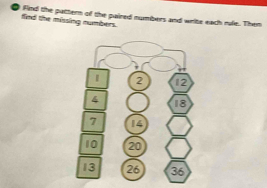 ● Find the pattern of the paired numbers and write each rule. Then 
find the missing numbers.