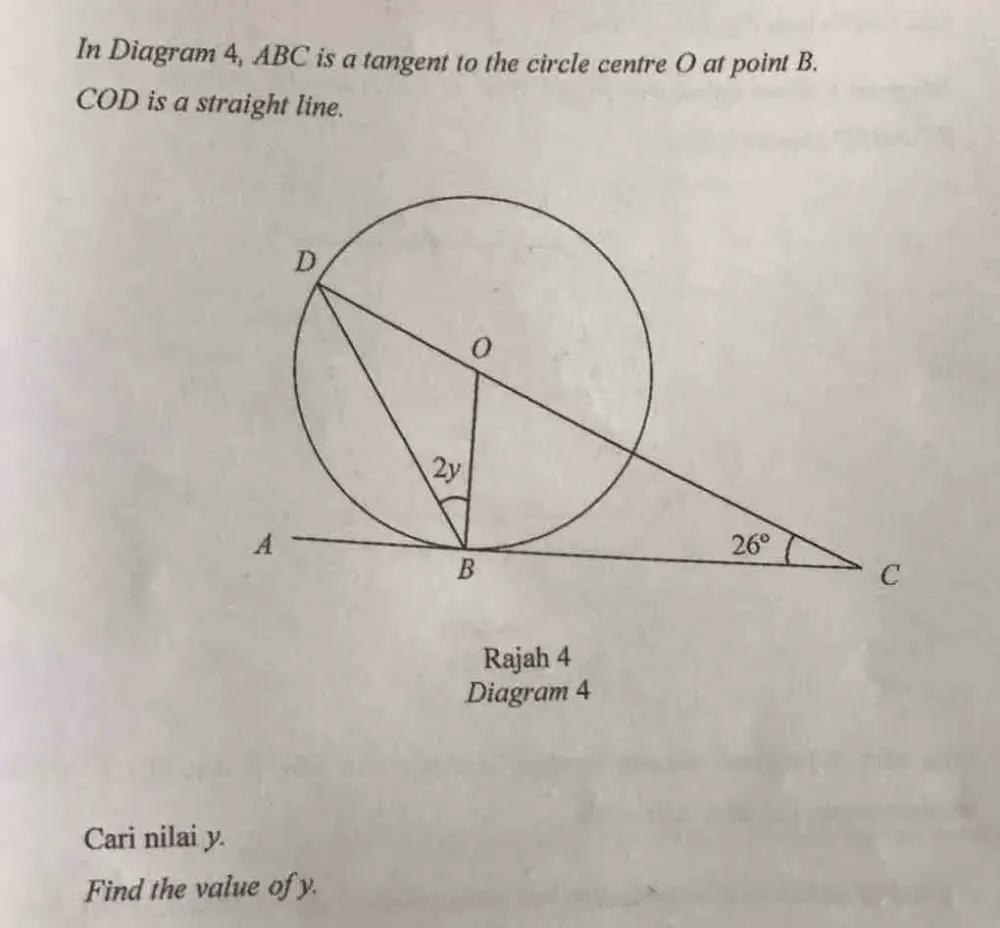 Solved: In Diagram 4, ABC is a tangent to the circle centre O at point ...