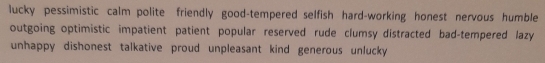 lucky pessimistic calm polite friendly good-tempered selfish hard-working honest nervous humble
outgoing optimistic impatient patient popular reserved rude clumsy distracted bad-tempered lazy
unhappy dishonest talkative proud unpleasant kind generous unlucky