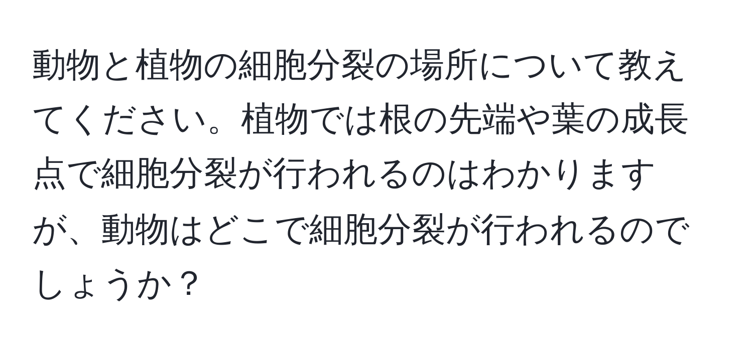 動物と植物の細胞分裂の場所について教えてください。植物では根の先端や葉の成長点で細胞分裂が行われるのはわかりますが、動物はどこで細胞分裂が行われるのでしょうか？