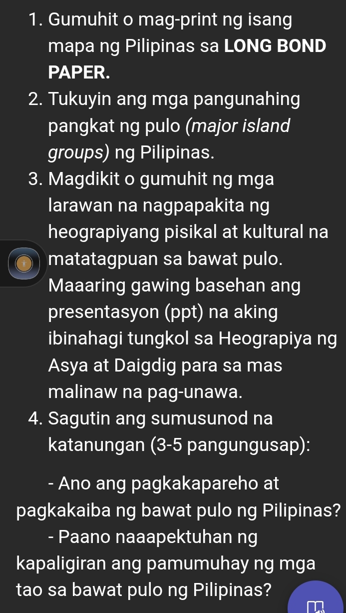 Solved: Gumuhit o mag-print ng isang mapa ng Pilipinas sa LONG BOND ...