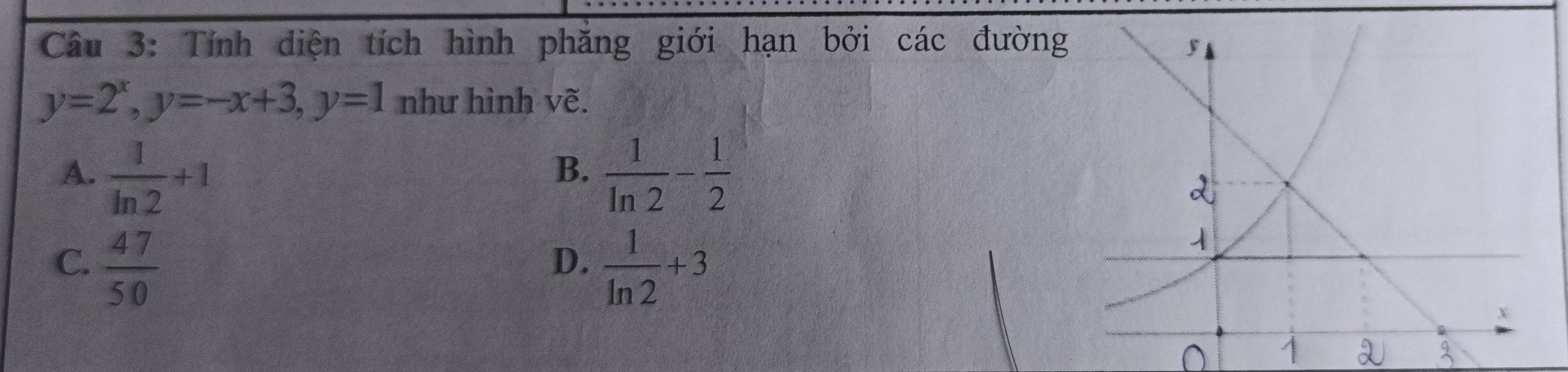 Tính diện tích hình phăng giới hạn bởi các đường
y=2^x, y=-x+3, y=1 như hình vẽ.
A.  1/ln 2 +1  1/ln 2 - 1/2 
B、
C.  47/50   1/ln 2 +3
D.