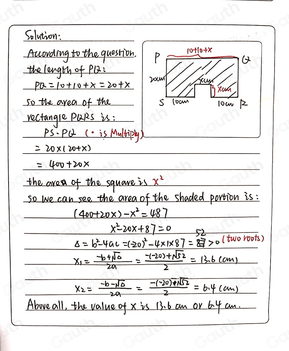 Solved: The diagram shows a rectangle PQRS from which a square of side ...