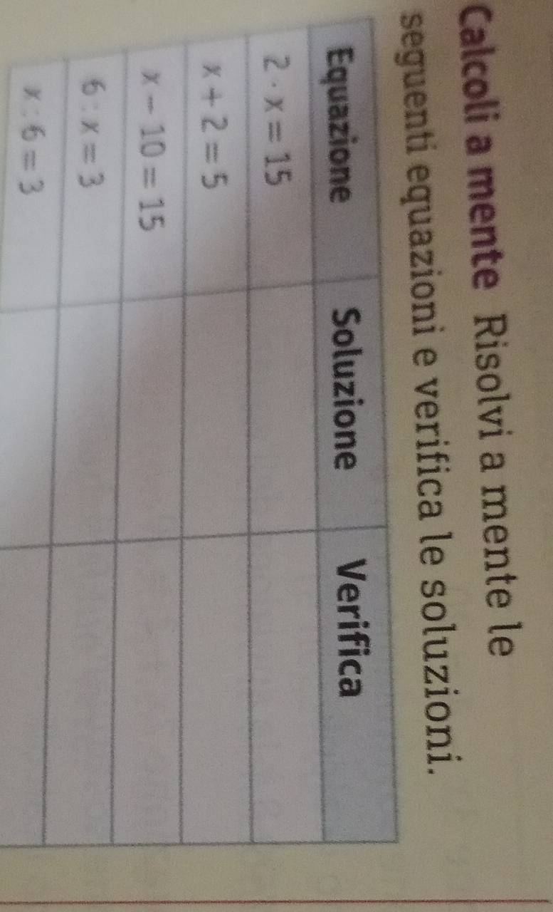 Calcoli a mente Risolvi a mente le
eguenti equazioni e verifica le soluzioni.