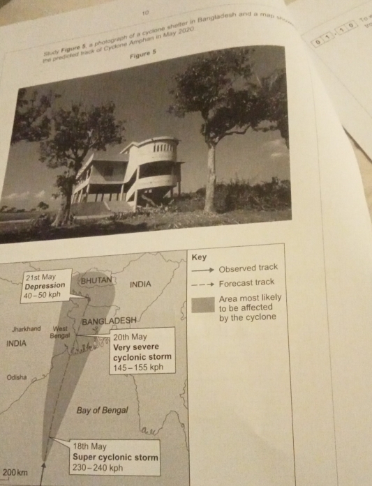 10 
^ . ` 
aph of a cycione shefter in Bangladesh and a map s To e 
the predicted track of Cyclone Amphan in May 2020
Key 
Observed track 
21st May 
Depression BHUTAN 
INDIA
40-50 kph Forecast track 
Area most likely 
to be affected 
Jharkhand West BANGLADESH 
by the cyclone 
INDIA Bengal 20th May 
Very severe 
cyclonic storm
145-155 kph
Odisha 
Bay of Bengal 
18th May 
Super cyclonic storm
200 km 230-240 kph