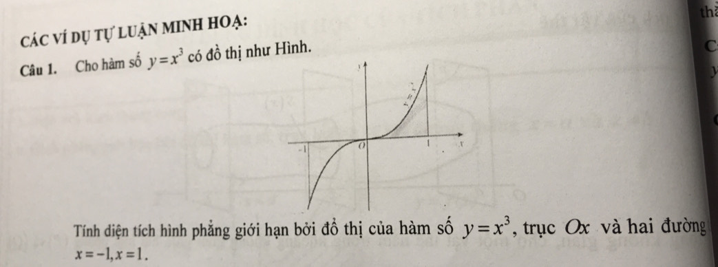 th
các ví dụ tự luận minh hoạ:
Câu 1. Cho hàm số y=x^3 có đồ thị như Hình.
C
Tính diện tích hình phẳng giới hạn bởi đổ thị của hàm số y=x^3 , trục Ox và hai đường
x=-1, x=1.