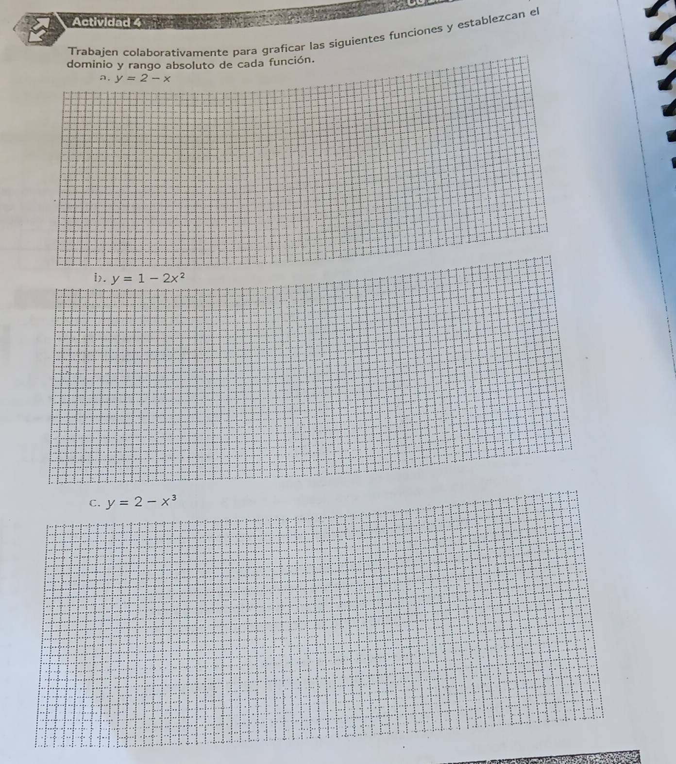 Actividad 4
Trabajen colaborativamente para graficar las siguientes funciones y establezcan el
dominio y rango absoluto de cada función.
a. y=2-x
i>. y=1-2x^2
C. y=2-x^3