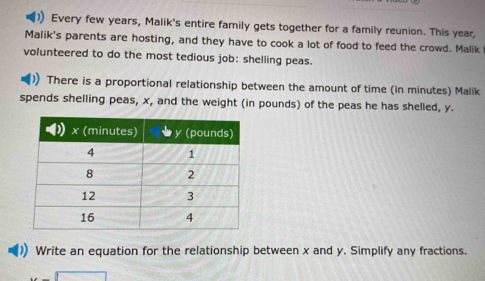 )) Every few years, Malik's entire family gets together for a family reunion. This year, 
Malik's parents are hosting, and they have to cook a lot of food to feed the crowd. Malik 
volunteered to do the most tedious job: shelling peas. 
There is a proportional relationship between the amount of time (in minutes) Malik 
spends shelling peas, x, and the weight (in pounds) of the peas he has shelled, y. 
)) Write an equation for the relationship between x and y. Simplify any fractions.
x-□