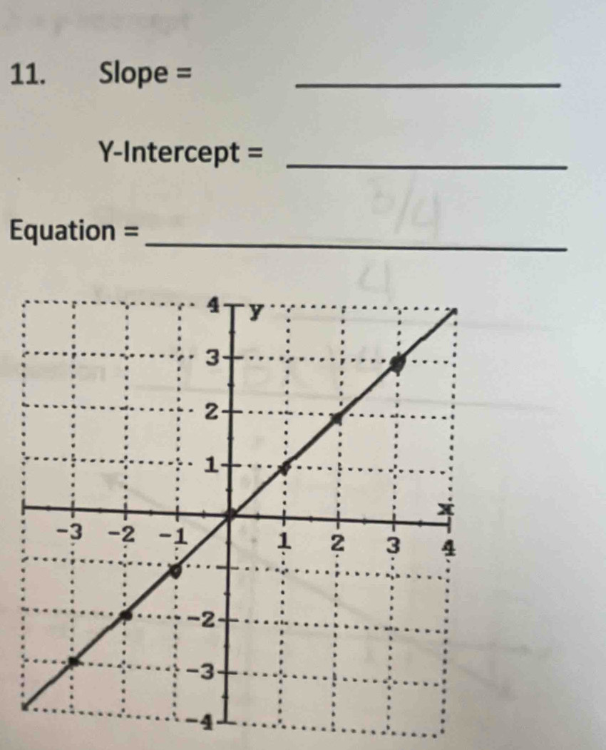 Slope =_ 
Y-Intercept =_ 
Equation = 
_