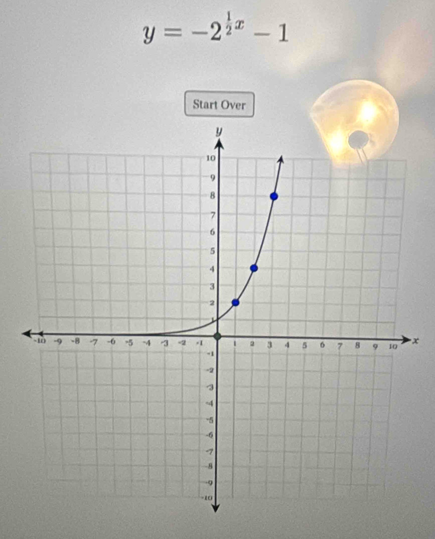 y=-2^(frac 1)2x-1
Start Over
x