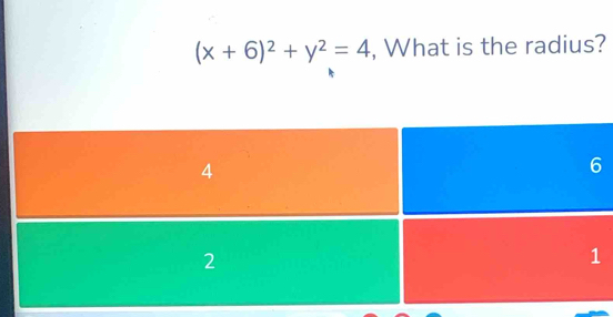 (x+6)^2+y^2=4 , What is the radius?
4
6
2
1