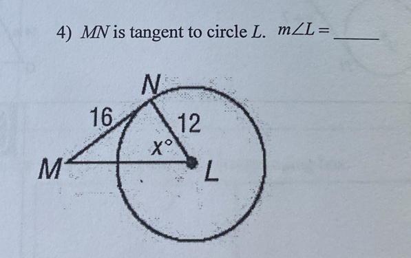 MN is tangent to circle L. m∠ L= _