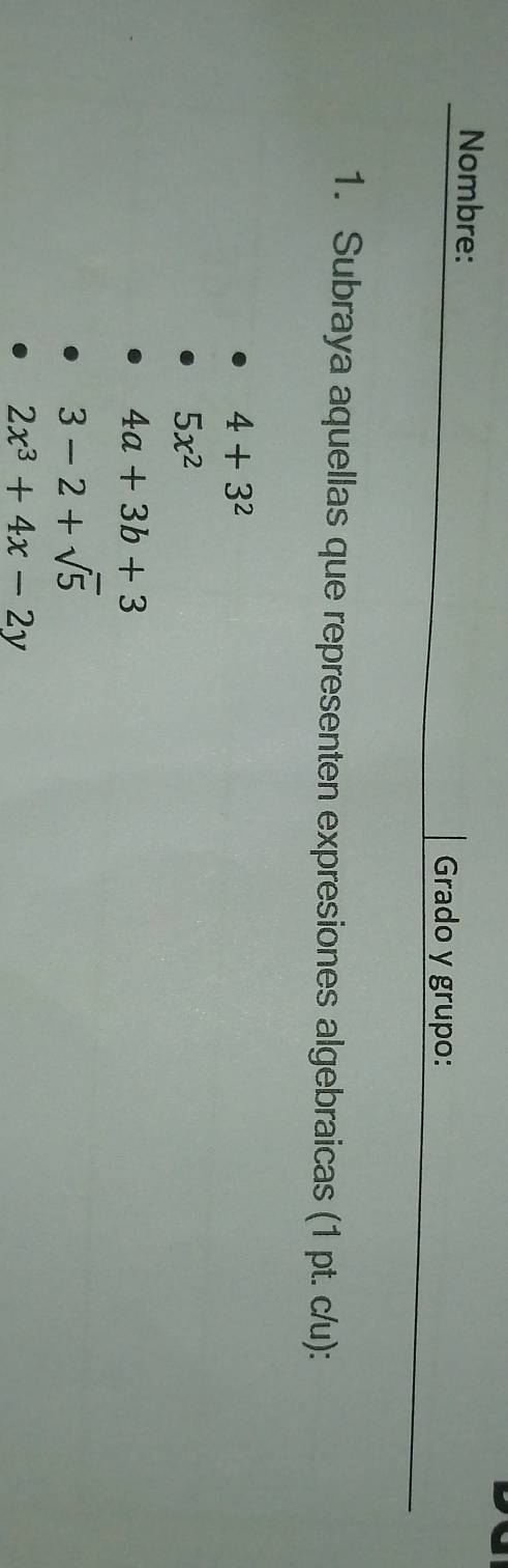 Nombre: 
Grado y grupo: 
1. Subraya aquellas que representen expresiones algebraicas (1 pt. c/u):
4+3^2
5x^2
4a+3b+3
3-2+sqrt(5)
2x^3+4x-2y