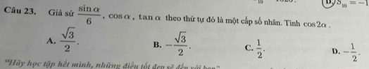 S_10=-1
Câu 23. Giả sử  sin alpha /6  , COS α , tan α theo thứ tự đó là một cấp số nhân. Tính cos 2alpha.
A.  sqrt(3)/2 . B. - sqrt(3)/2 . C.  1/2 . D. - 1/2 . 
*Hãy học tập hết mình, những điều tốt đẹp sẽ đến với ban''