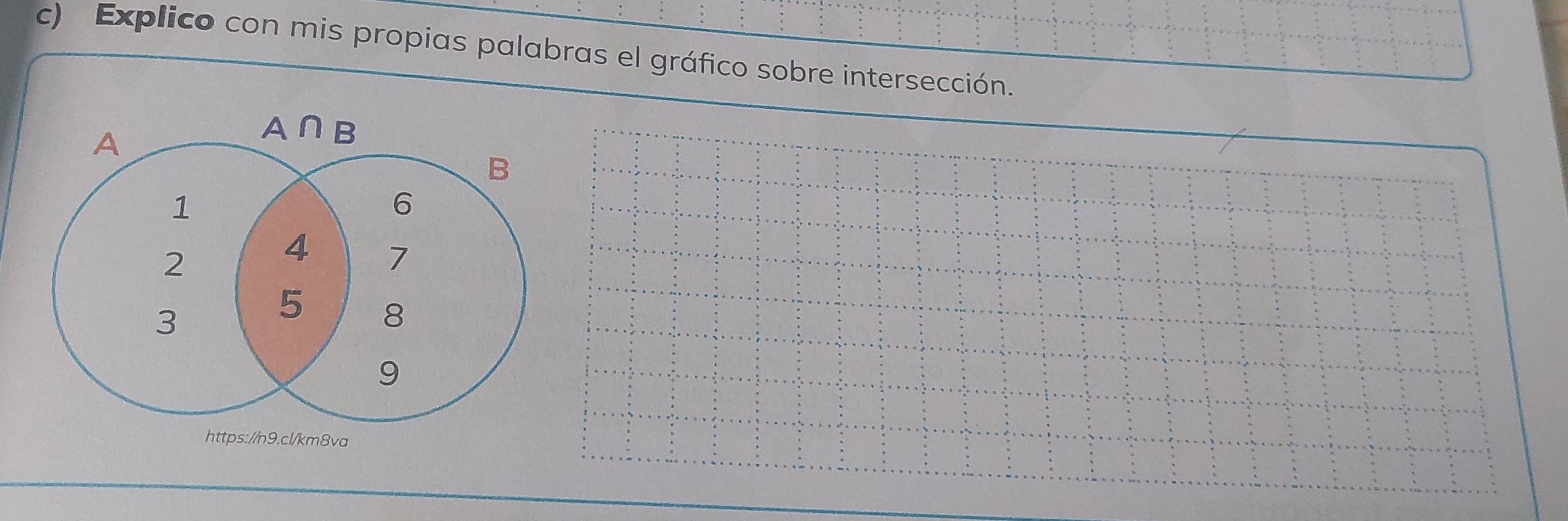 Explico con mis propias palabras el gráfico sobre intersección. 
A
A∩ B
B
1
6
2
4 7
3
5 8
9 
https://n9.cl/km8va