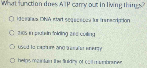 What function does ATP carry out in living things?
identifies DNA start sequences for transcription
aids in protein folding and coiling
used to capture and transfer energy
helps maintain the fluidity of cell membranes