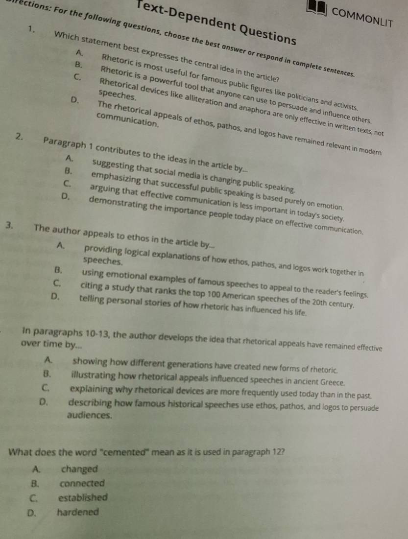 Solved: COMMONLIT Text-Dependent Questions rections: For the following ...