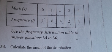 Use the frequency distribution table to 
answer questions 34 to 36. 
34. Calculate the mean of the distribution.