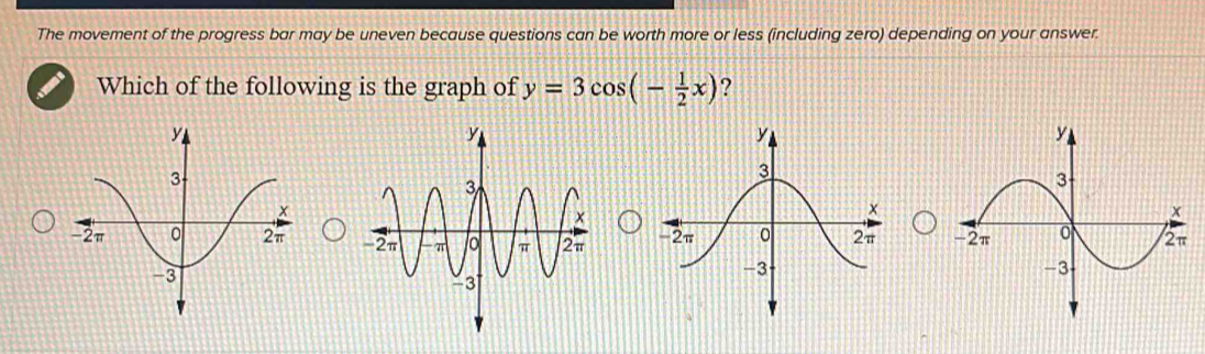 The movement of the progress bar may be uneven because questions can be worth more or less (including zero) depending on your answer. 
Which of the following is the graph of y=3cos (- 1/2 x) ?