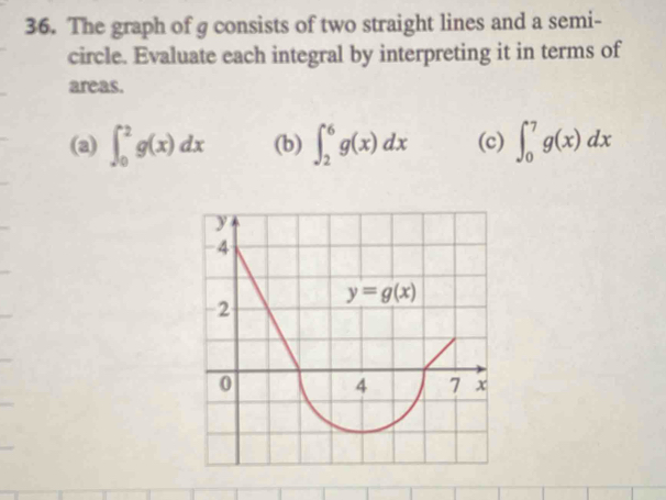 The graph of g consists of two straight lines and a semi-
circle. Evaluate each integral by interpreting it in terms of
areas.
(a) ∈t _0^2g(x)dx (b) ∈t _2^6g(x)dx (c) ∈t _0^7g(x)dx