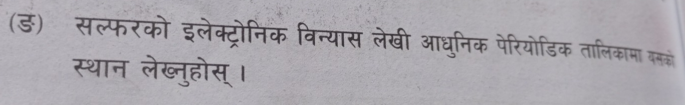 (ड)ॉसल्फरको इलेक्ट्रोनिक विन्यास लेखी आधुनिक पेरियोडिक तालिकामा क्क्ो 
स्थान लेख्नुहोस् ।