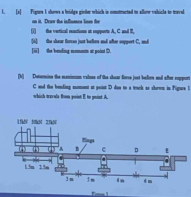 [2] Figure 1 shows a bridge girder which is constructed to allow vehicle to travel 
on it. Draw the influence lines for 
[i] the vertical reactions at supports A, C and E, 
(u) the shear forces just before and after support C, and 
[i] the bending moments at point D. 
[b] Determine the maximum values of the shear force just before and after support
C and the bending moment at point D dua to a truck as shown in Figure 1 
which travels from point E to point A.