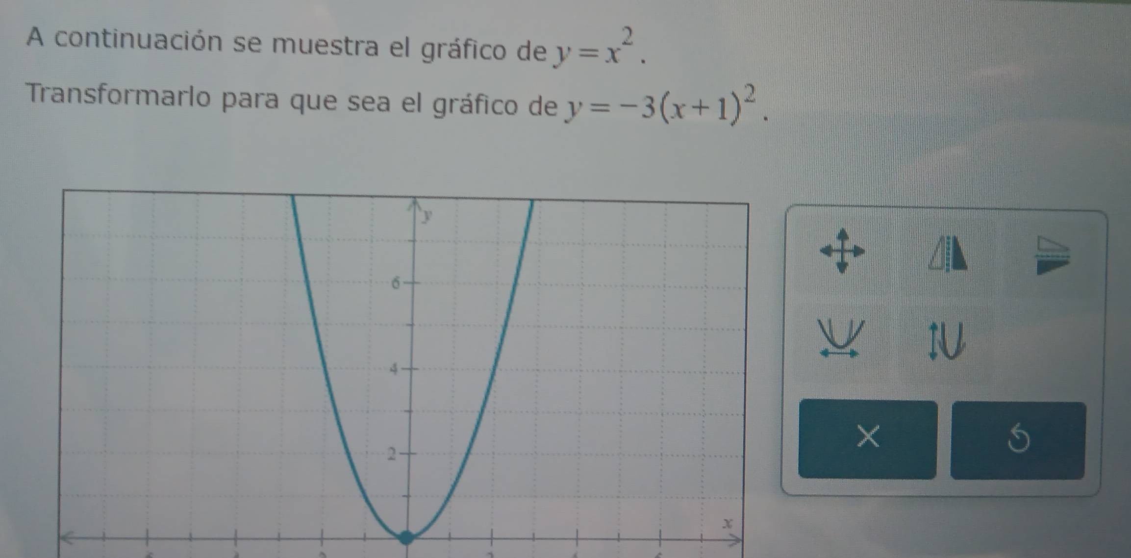 A continuación se muestra el gráfico de y=x^2. 
Transformarlo para que sea el gráfico de y=-3(x+1)^2. 
:
×