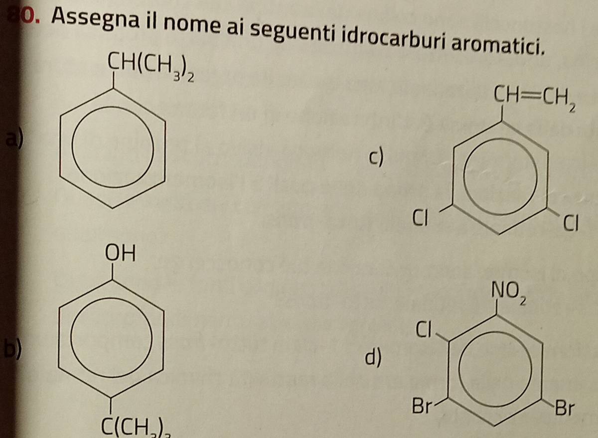 Assegna il nome ai seguenti idrocarburi aromatici.
CH(CH_3)_2
a)
c)
b)
d)
C(CH_2)_2