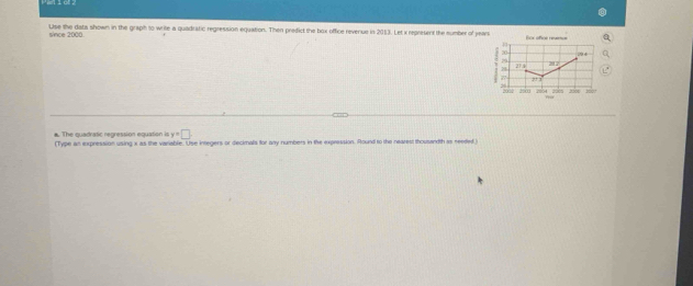 Ulse the data shown in the graph to write a quadratic regression equation. Then predict the box office revensue in 2013. Let x represent the sumber of years
since 2000

94
29 2^+4 21:z
77 , 
.
2000 2500 4
y=□
*. The guadratic regression eguation is (Type an expression using x as the vanable. Use integers or decimals for any numbers in the expression. Round to the nearest thousandth as needed.)