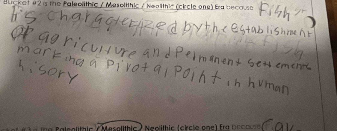 Bucket #2 is the Paleolithic / Mesolithic / Neolithić (circle one) Era because 
3 the Paleolithic / Mesolithic) Neolithic (circle one) Era because