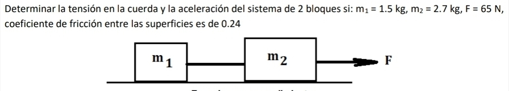 Determinar la tensión en la cuerda y la aceleración del sistema de 2 bloques si: m_1=1.5kg,m_2=2.7kg,F=65N,
coeficiente de fricción entre las superficies es de 0.24