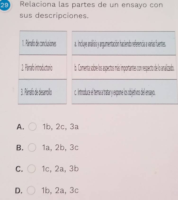 Relaciona las partes de un ensayo con
sus descripciones.
o.
A. 1b, 2c, 3a
B. 1a, 2b, 3c
C. 1c, 2a, 3b
D. 1b, 2a, 3c