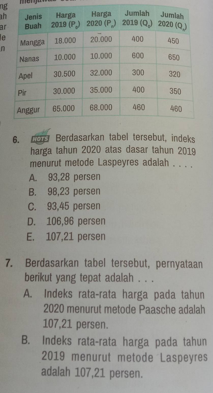 ng menjav
h
ar
le
n
6. Lo Berdasarkan tabel tersebut, indeks
harga tahun 2020 atas dasar tahun 2019
menurut metode Laspeyres adalah . . . .
A. 93,28 persen
B. 98,23 persen
C. 93,45 persen
D. 106,96 persen
E. 107,21 persen
7. Berdasarkan tabel tersebut, pernyataan
berikut yang tepat adalah . . .
A. Indeks rata-rata harga pada tahun
2020 menurut metode Paasche adalah
107,21 persen.
B. Indeks rata-rata harga pada tahun
2019 menurut metode Laspeyres
adalah 107,21 persen.