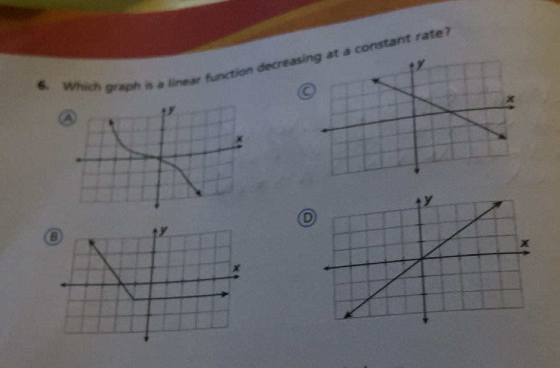 Solved: Which graph is a linear function decreas constant rate? a D [Math]