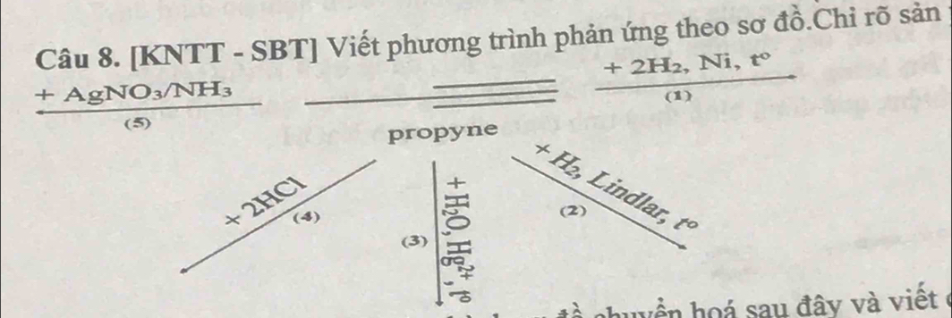 [KNTT - SBT] Viết phương trình phản ứng theo sơ đồ.Chỉ rõ sản
frac +AgNO_3/NH_3(5)
frac +2H_2,Ni,t°(1)
propyn 
_  (+2HCl)/(s)  (3) :
frac +H_2,Lindlar,t° enclosecircle1
t chuyền hoá sau đây và viết ở