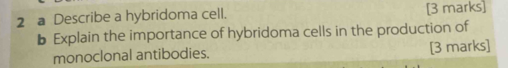 a Describe a hybridoma cell. [3 marks] 
b Explain the importance of hybridoma cells in the production of 
monoclonal antibodies. [3 marks]