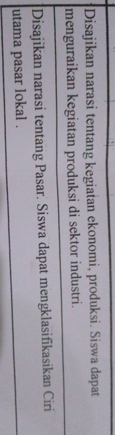 Disajikan narasi tentang kegiatan ekonomi, produksi. Siswa dapat 
menguraikan kegiatan produksi di sektor industri. 
Disajikan narasi tentang Pasar. Siswa dapat mengklasifikasikan Ciri 
utama pasar lokal .