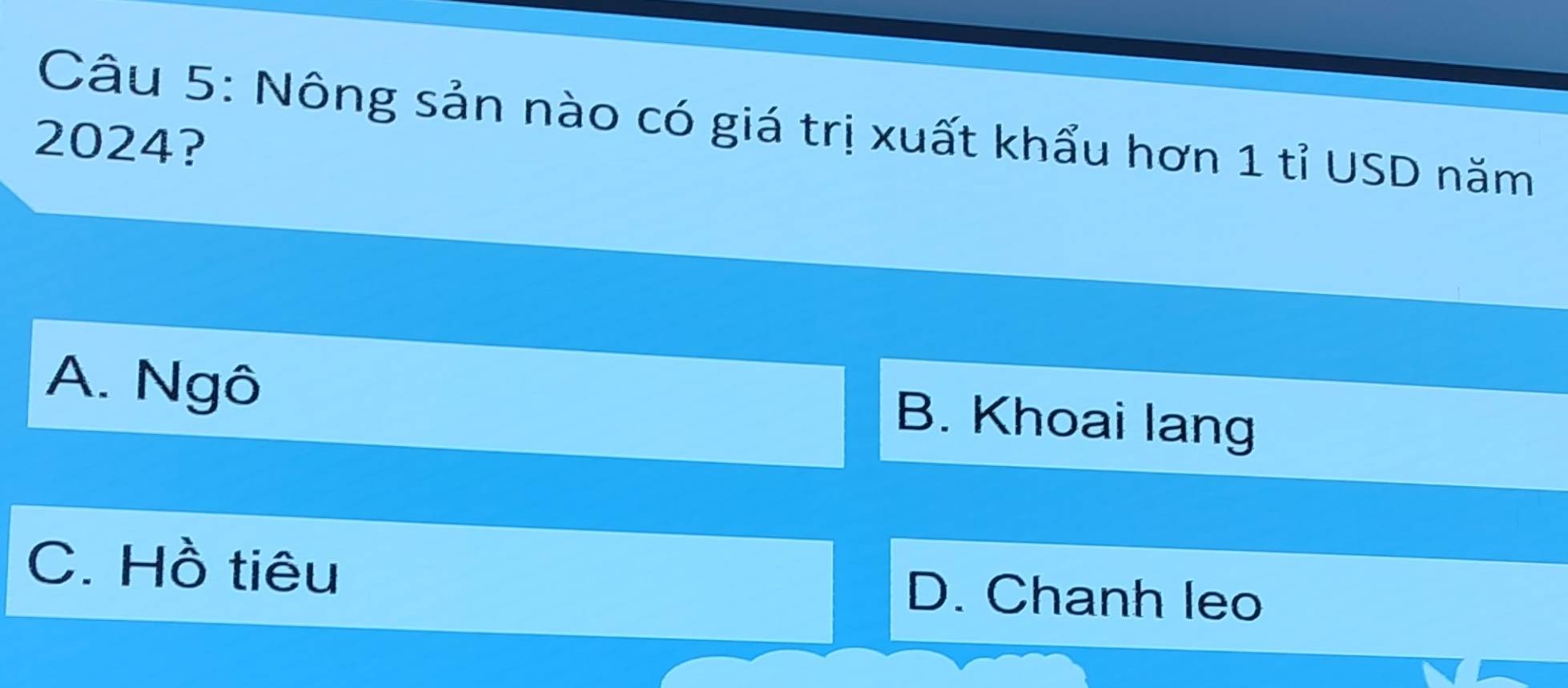 Nông sản nào có giá trị xuất khẩu hơn 1 tỉ USD năm
2024?
A. Ngô
B. Khoai lang
C. Hồ tiêu D. Chanh leo