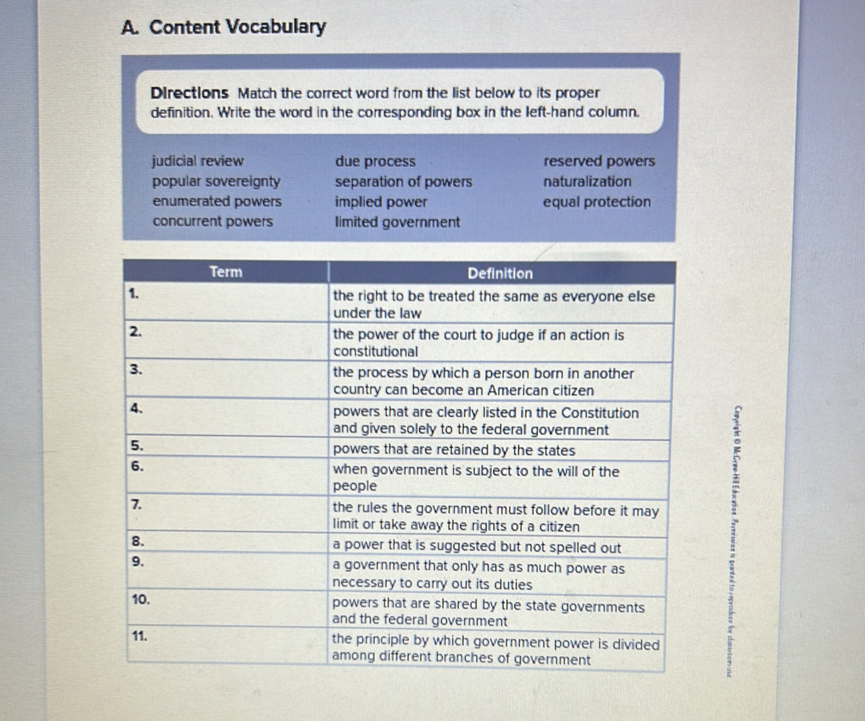 Content Vocabulary
Directions Match the correct word from the list below to its proper
definition. Write the word in the corresponding box in the left-hand column.
judicial review due process reserved powers
popular sovereignty separation of powers naturalization
enumerated powers implied power equal protection
concurrent powers limited government