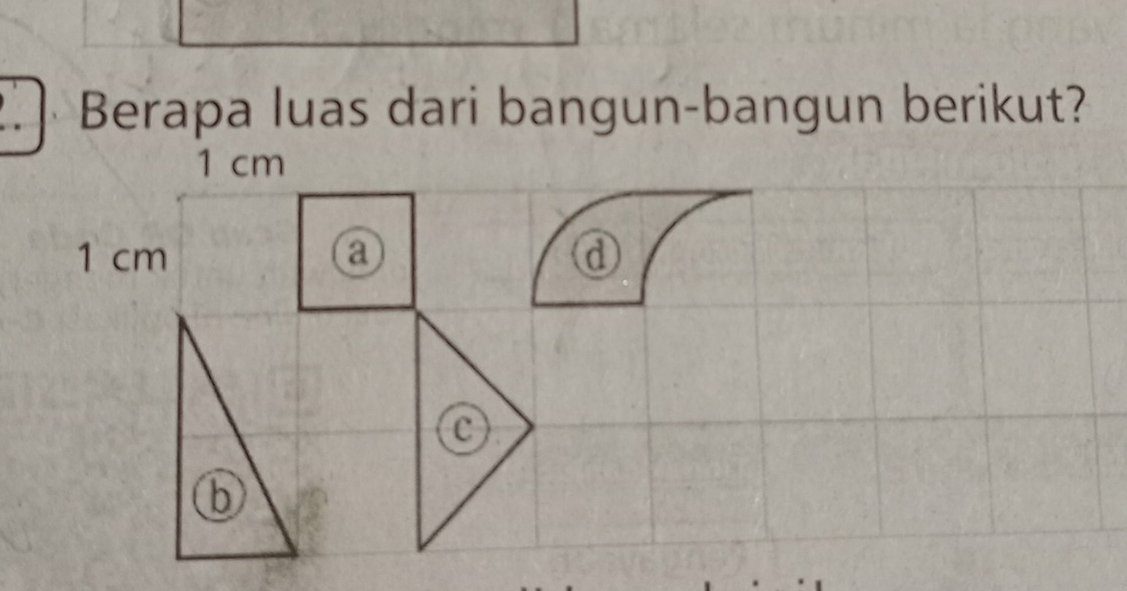 2.]Berapa luas dari bangun-bangun berikut?
1 cm
1 cm a d 
c 
b