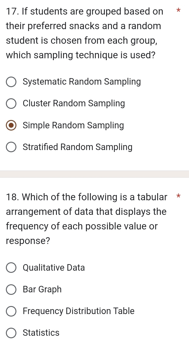 If students are grouped based on *
their preferred snacks and a random
student is chosen from each group,
which sampling technique is used?
Systematic Random Sampling
Cluster Random Sampling
Simple Random Sampling
Stratified Random Sampling
18. Which of the following is a tabular *
arrangement of data that displays the
frequency of each possible value or
response?
Qualitative Data
Bar Graph
Frequency Distribution Table
Statistics