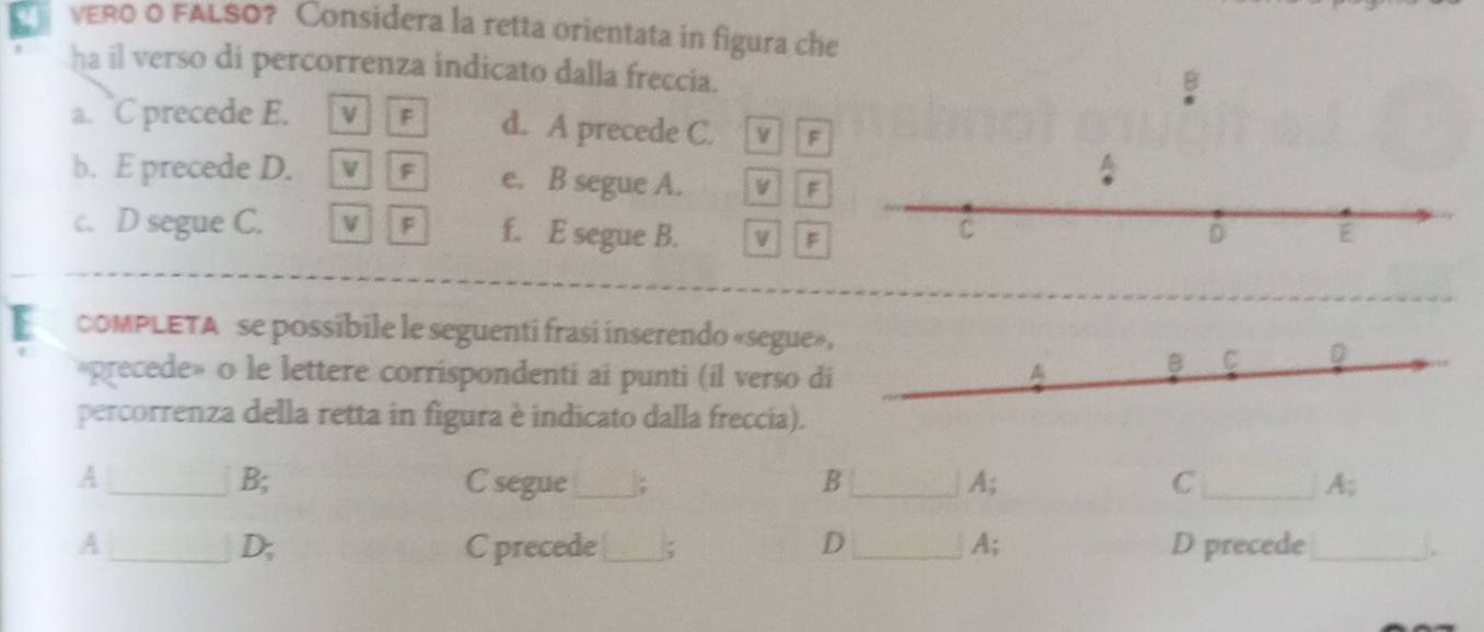 VERO O FALSO? Consídera la retta orientata in figura che 
ha il verso di percorrenza indicato dalla freccia. 
B 
a. `C precede E. v F d. A precede C. V F 
b. E precede D. V F e. B segue A. V F 
c. D segue C. V F f. E segue B. v F 
C 
D E 
oMPLETA se possibile le seguenti frasi inserendo «segue», 
«precede» o le lettere corrispondenti ai punti (il verso di 
A B C D 
percorrenza della retta in figura è indicato dalla freccia). 
B; 
A_ C segue_ ; B _A; C_ A; 
A_ C precede_ ; D_ A; D precede_ 
D; 
]